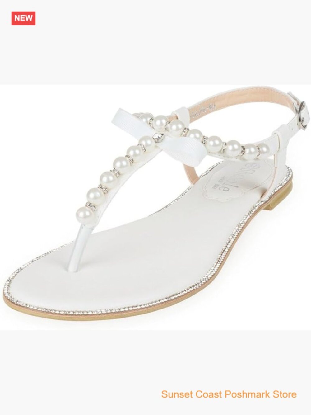 Pearl Embellished T-Strap Flat Sandals Open Toe Ankle Strap Wedding Beach